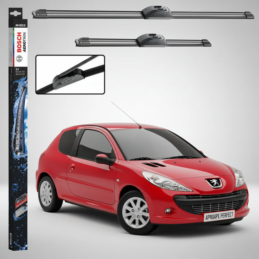 Set 2 Ștergătoare Parbriz Bosch Aerotwin Retrofit AR653S pentru Peugeot 206+ (2009–2013) – 650 mm + 400 mm | Prindere Tip Cârlig (J-Hook)