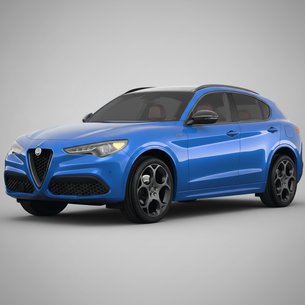 Blue Alfa Romeo Stelvio SUV on a white background