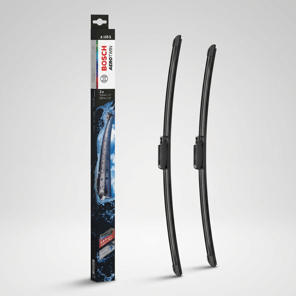Ambalaj Bosch Aerotwin A105S alături de două lamele de 550 și 600 mm