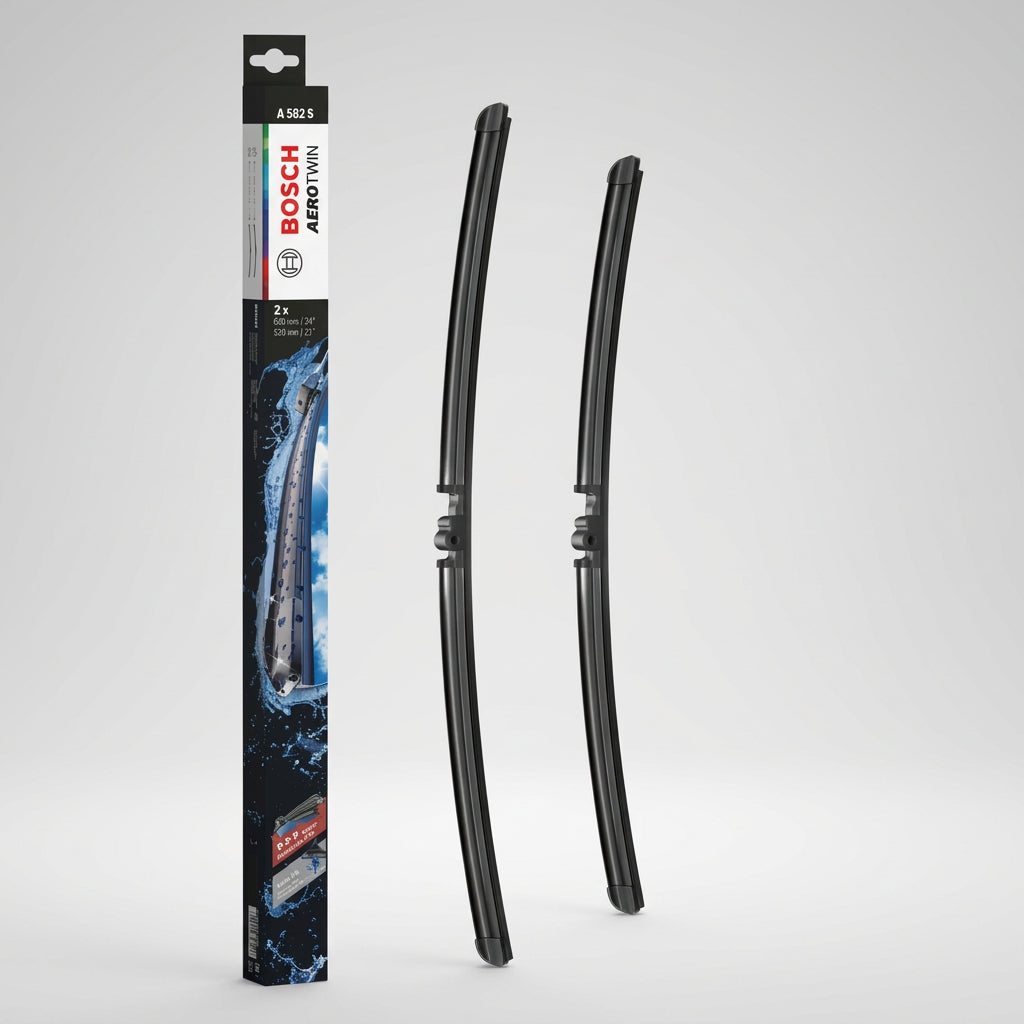 Ambalaj Bosch Aerotwin A582S alături de două lamele de 600 mm și 530 mm