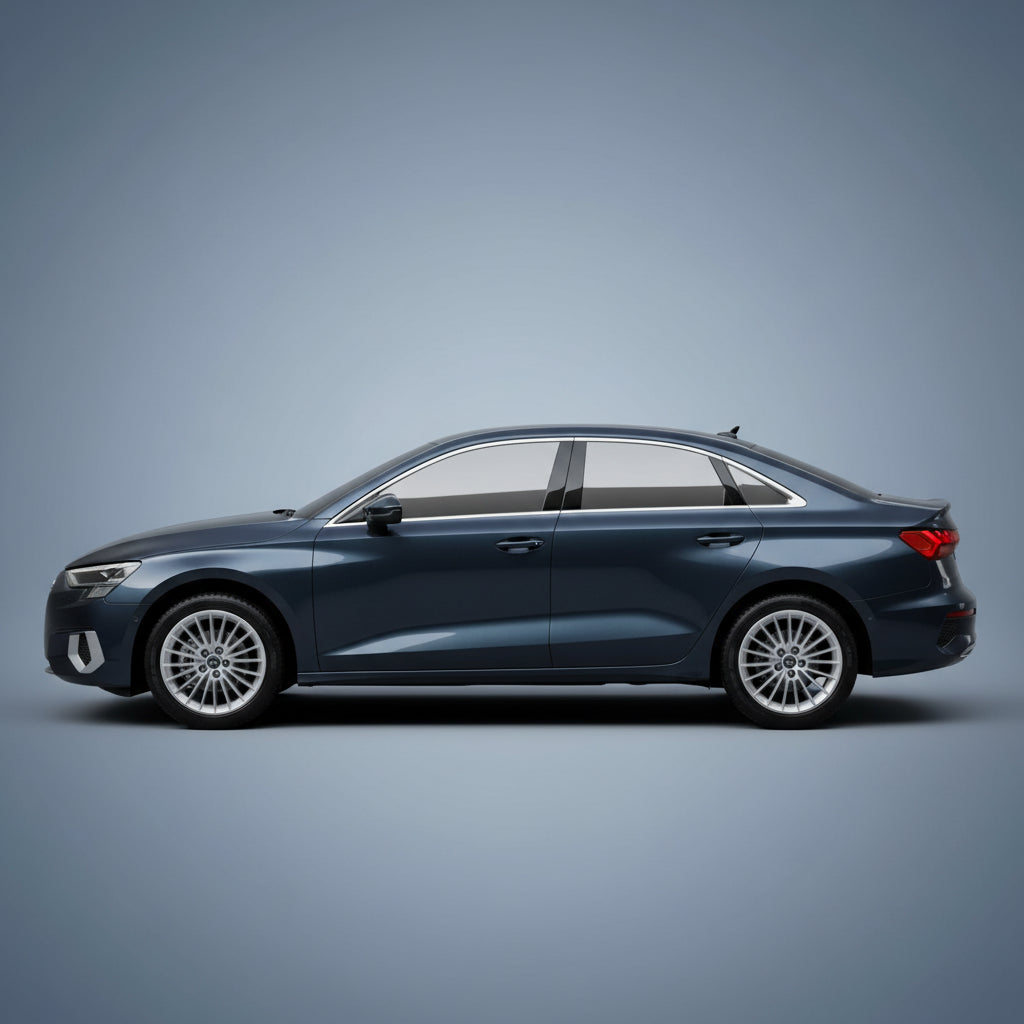 Black sedan car on a light gray surface with a white background