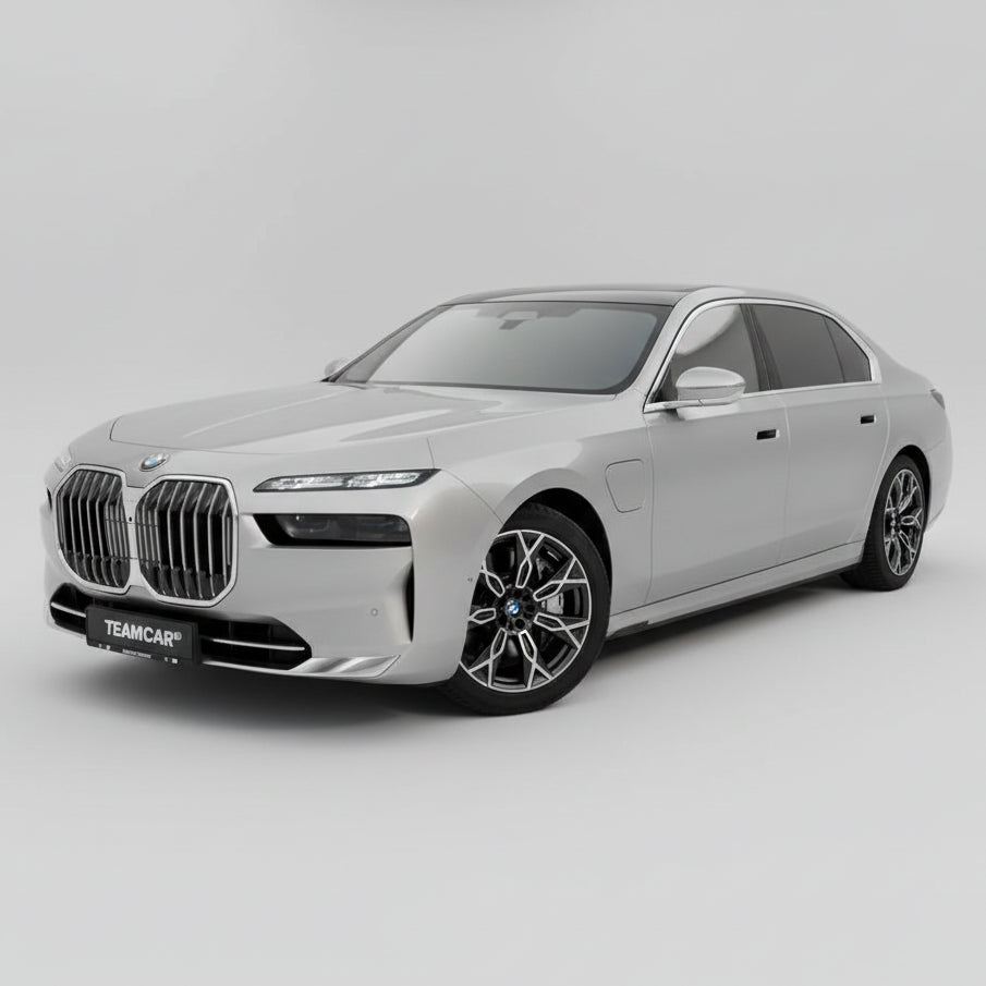 Silver BMW car on a gray background with visible brand logos.