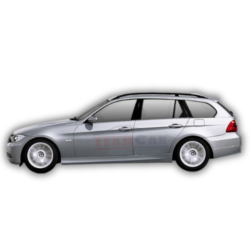 Side view of a silver BMW Seria 3 E91 Touring (2005–2012) on a white background