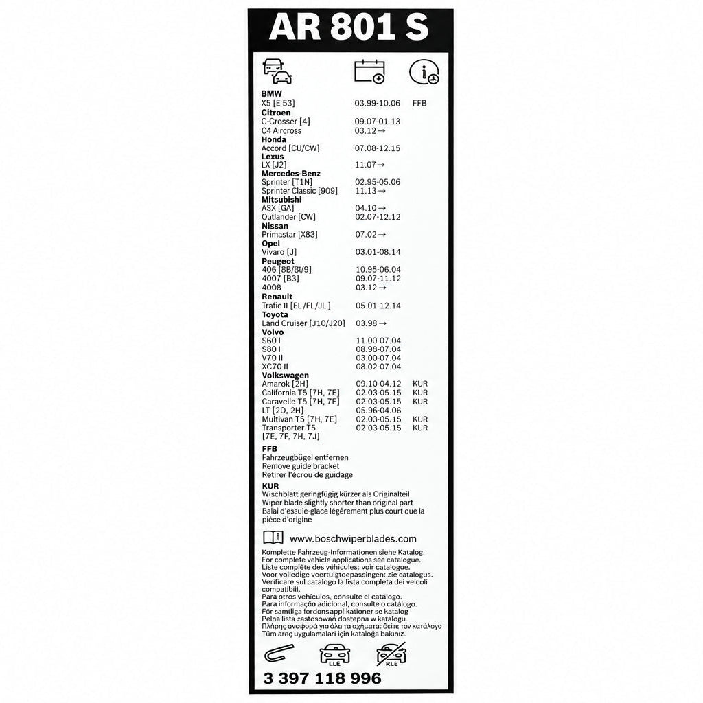 Spatele ambalajului Bosch AR801S cu lista de compatibilități și codul 3 397 118 996