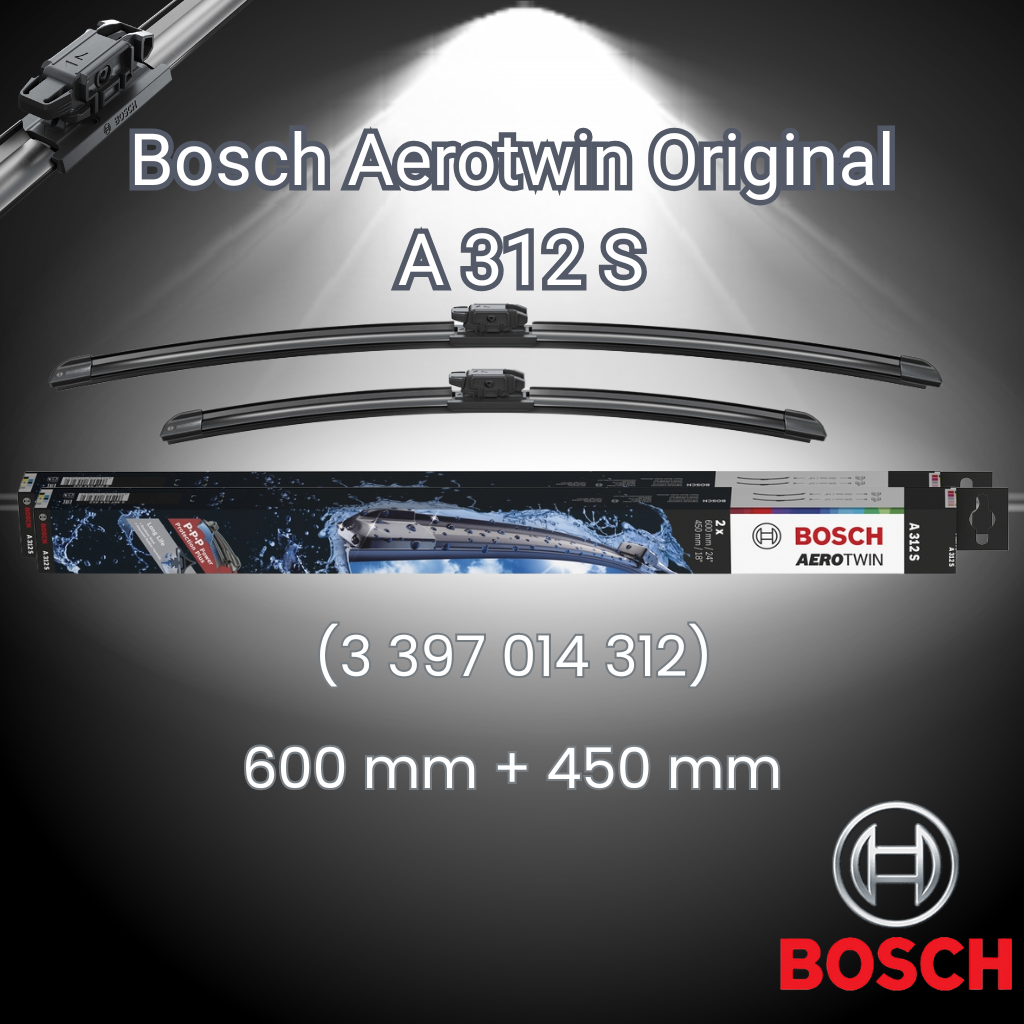 Ambalaj Bosch Aerotwin Original
 A 312 S cu două lamele de ștergător, imagine adaptor premontat, cod MPN ,i dimensiuni 600mm + 450mm.