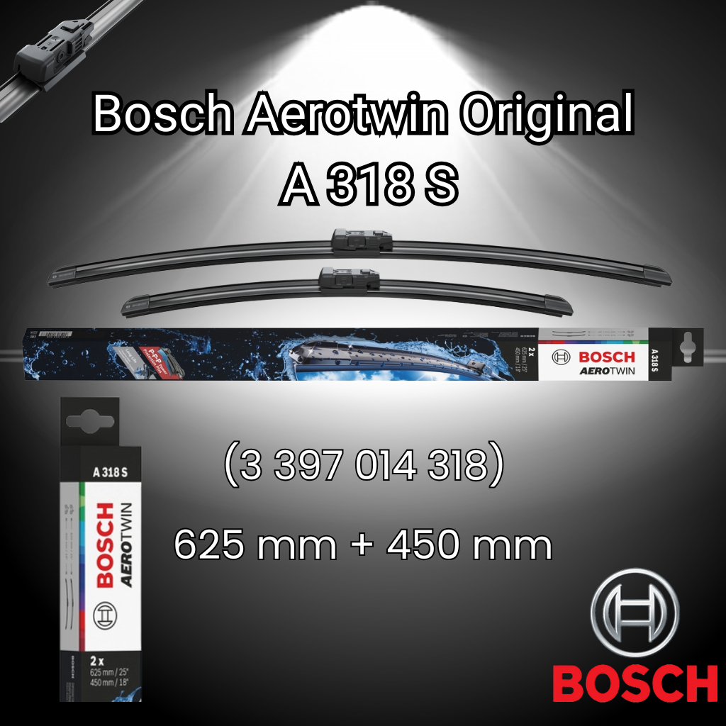 Ambalaj Bosch Aerotwin Original
 A 318 S cu două ștergătoare, imagine adaptor, codul MPN și dimensiunile 625mm + 450mm și logo bosch.