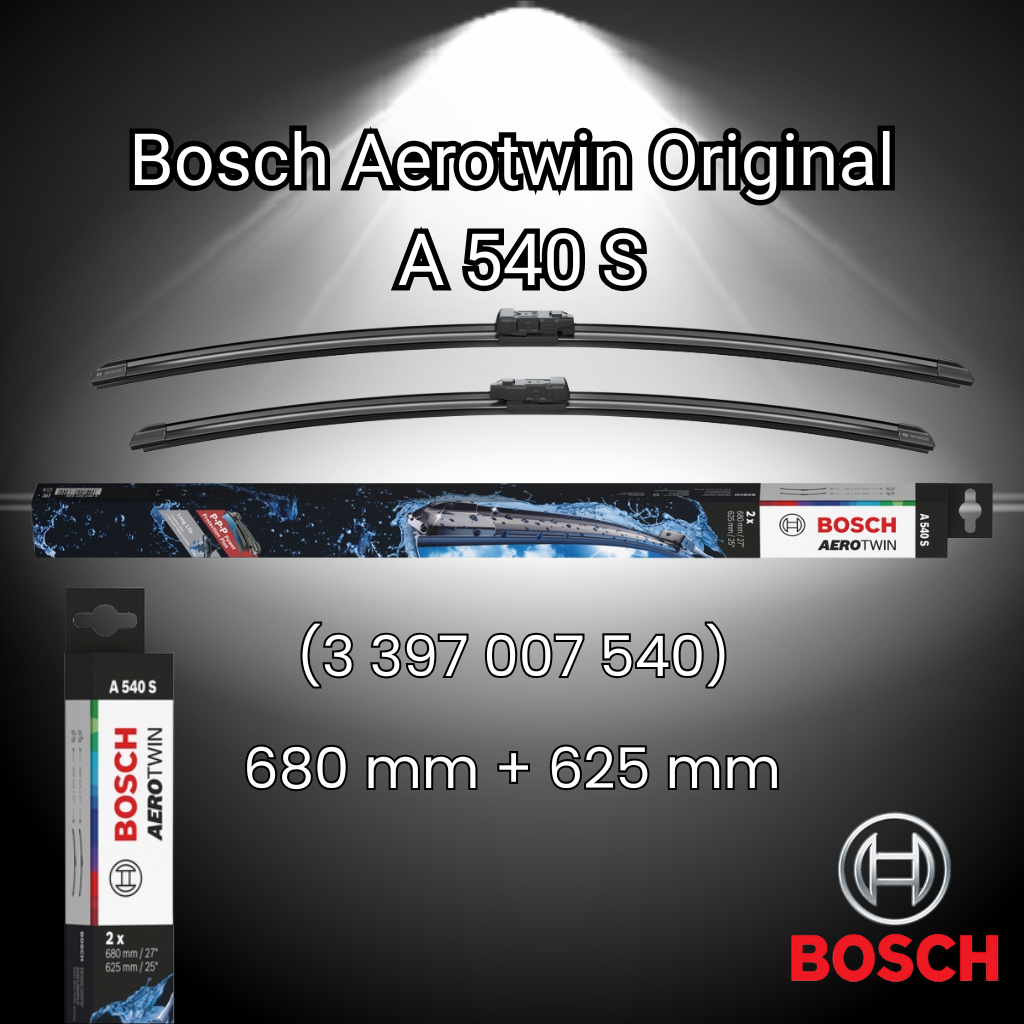 Ambalaj Bosch Aerotwin Original
 A 540 S cu două lamele de ștergător , cod MPN , logo Bosch și dimensiuni 680mm + 625mm.