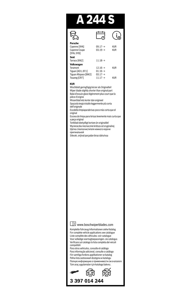 Eticheta Bosch A244S, cod 3 397 014 244, cu aplicatii auto si nota KUR