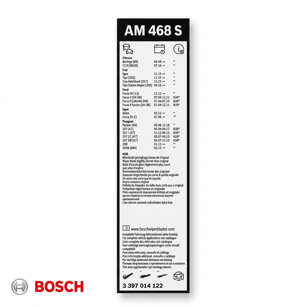 Etichetă Bosch AM468S 3 397 014 122 cu aplicații și perioade de compatibilitate