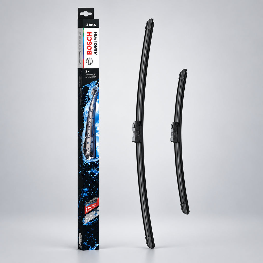 Ambalaj Bosch Aerotwin A106S alături de două lamele de 700 și 425 mm