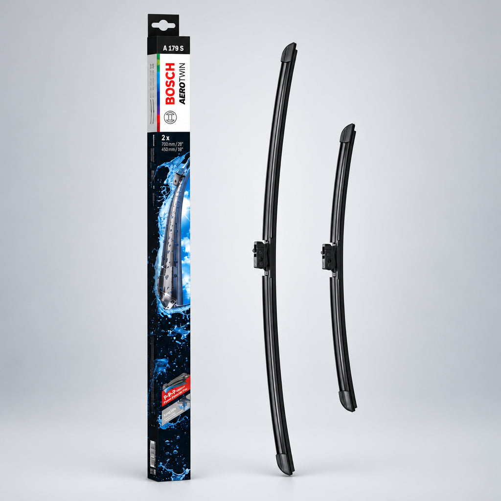 Set de două ștergătoare Bosch Aerotwin A179S, 700 și 450 mm, alături de cutia produsului