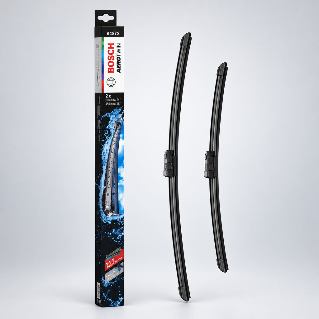 Set de două ștergătoare Bosch Aerotwin A187S, 600 și 450 mm, alături de cutia produsului