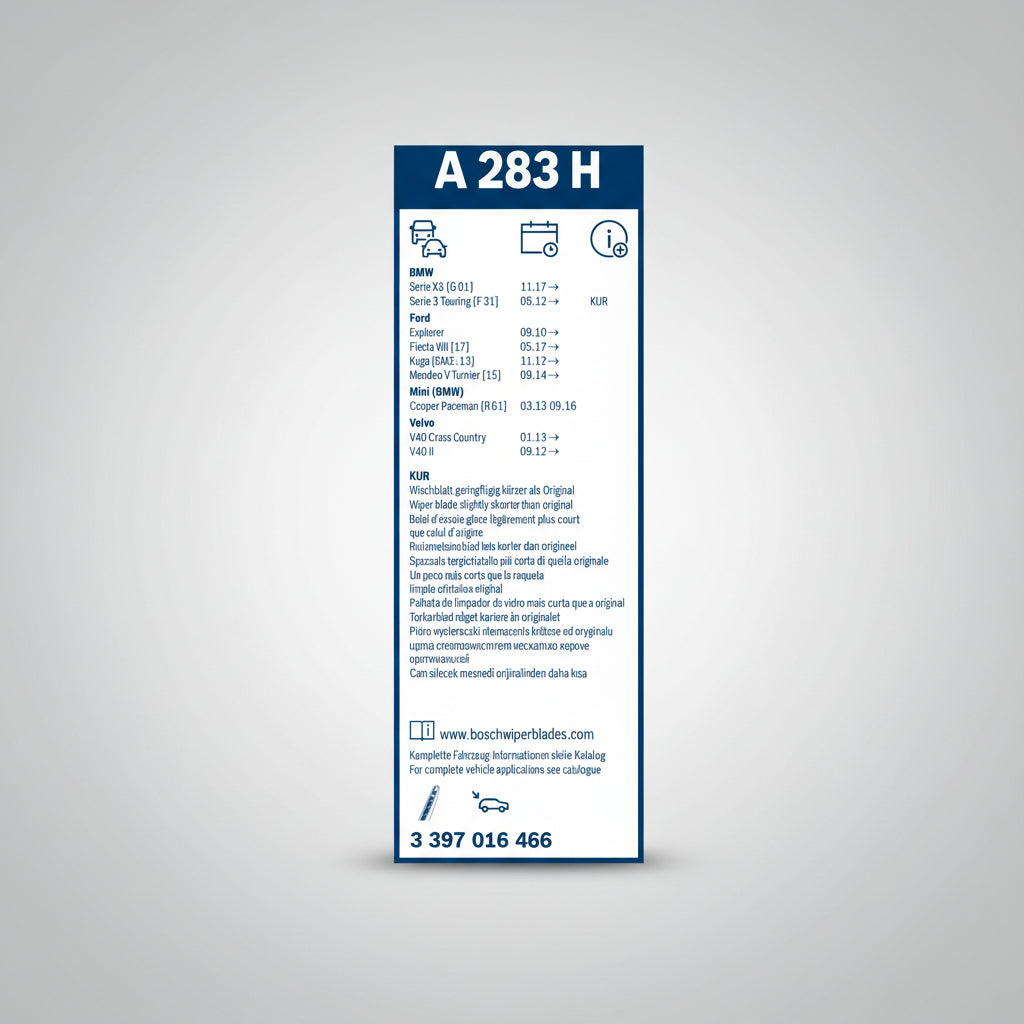 Ștergător Lunetă Bosch Aerotwin A283H 280mm – vedere etichetă spate cu lista de compatibilități