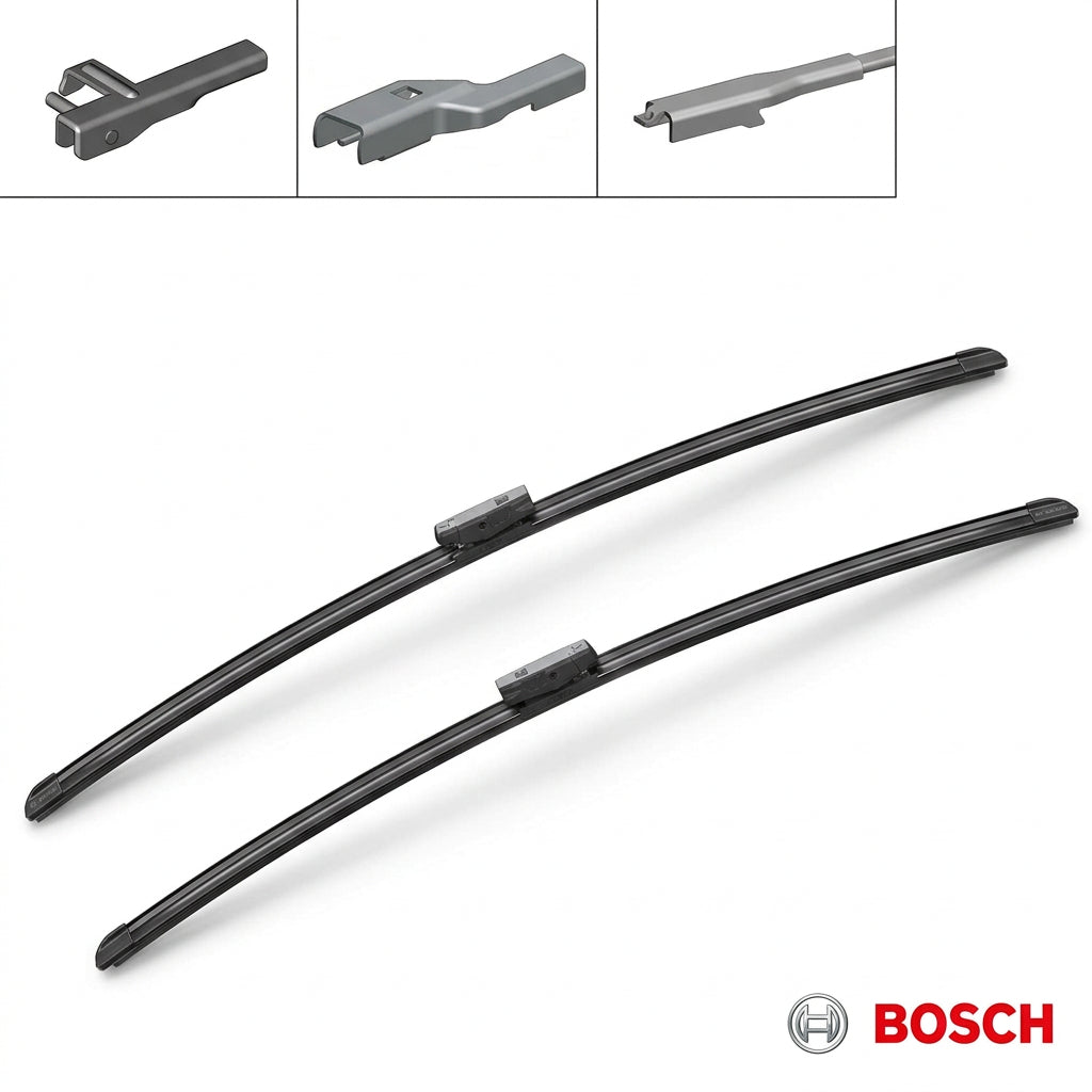 Set de două lamele Bosch Aerotwin AM469S și ilustrații ale interfețelor de braț