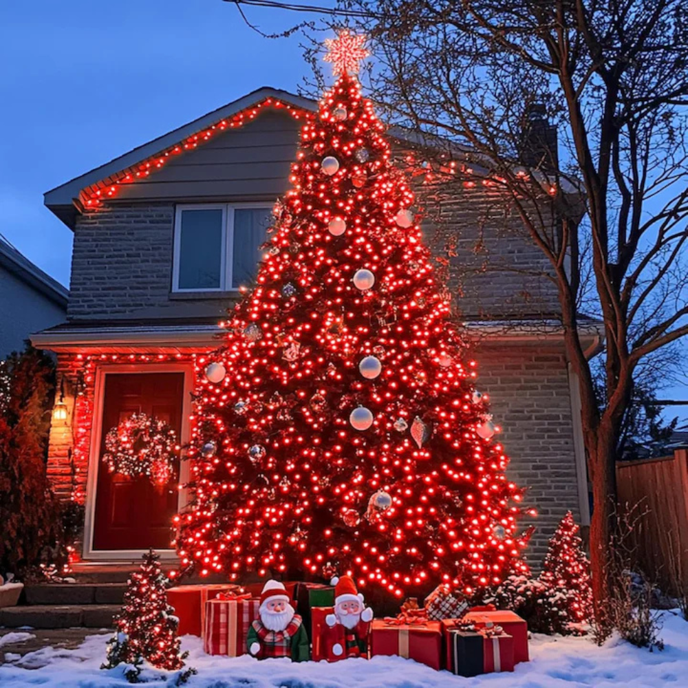Decorated Christmas tree with lights and ornaments in front of a house during winter.
