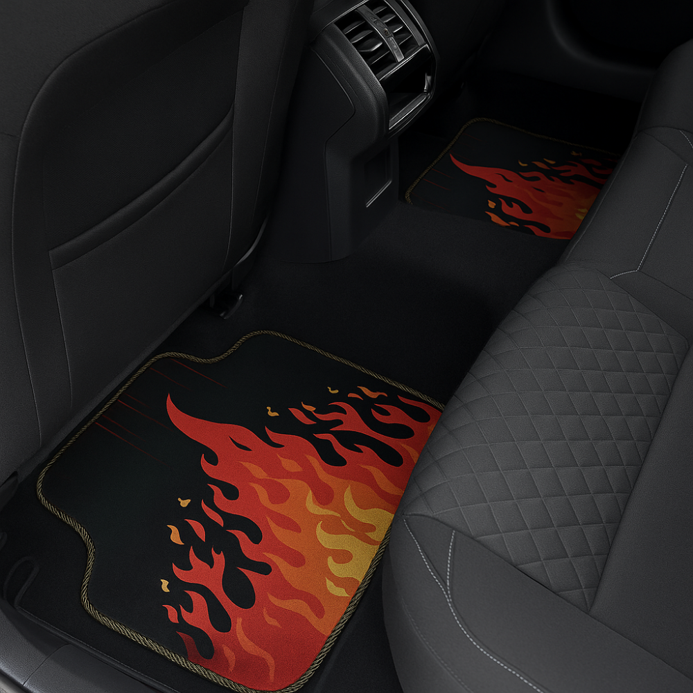 Covorașe auto universale DECOMAT 3D – set 4 bucăți cu imprimeu flăcări, lavabile, antiderapante