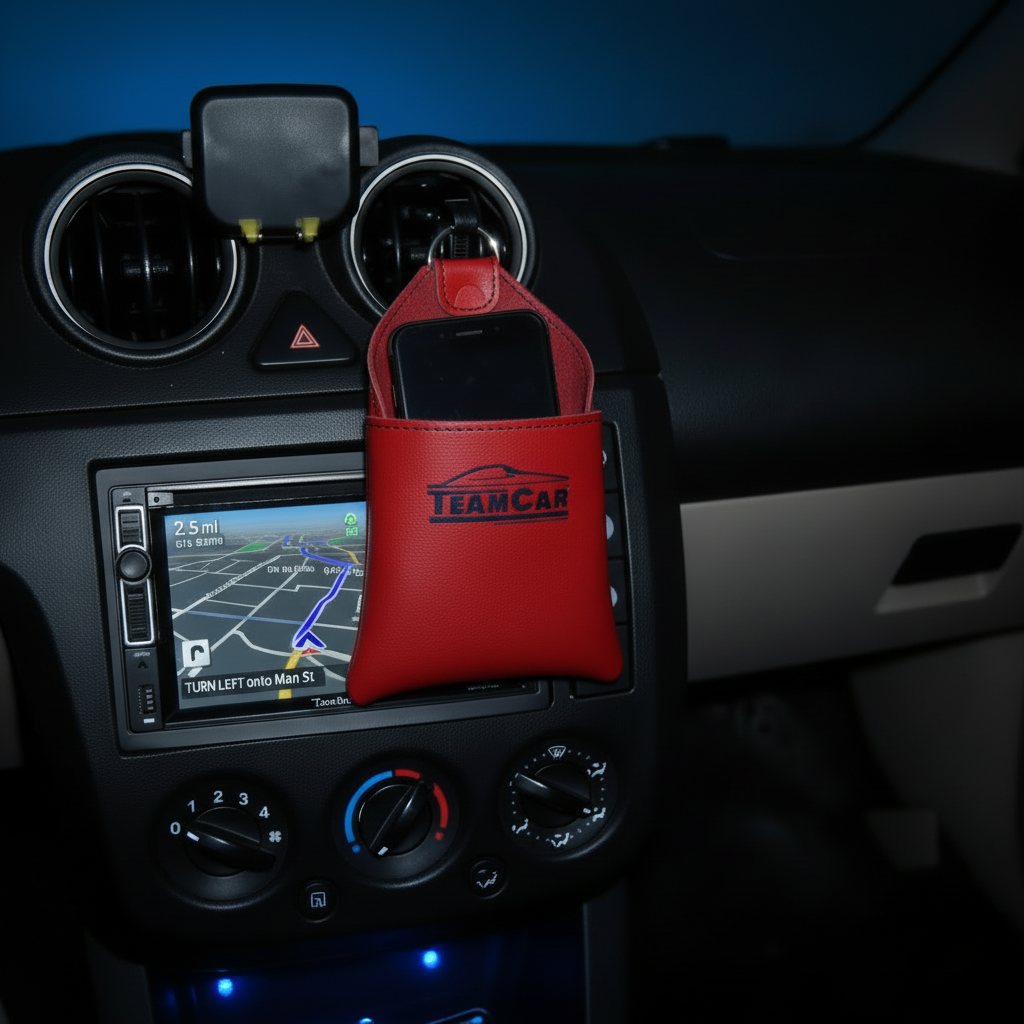 Car dashboard with navigation system and 'TeamCar' phone holder