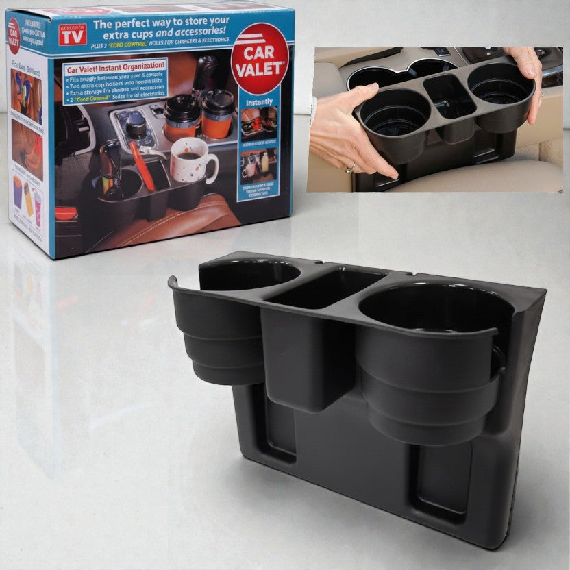 Car Valet cup holder with packaging and usage example on a white background