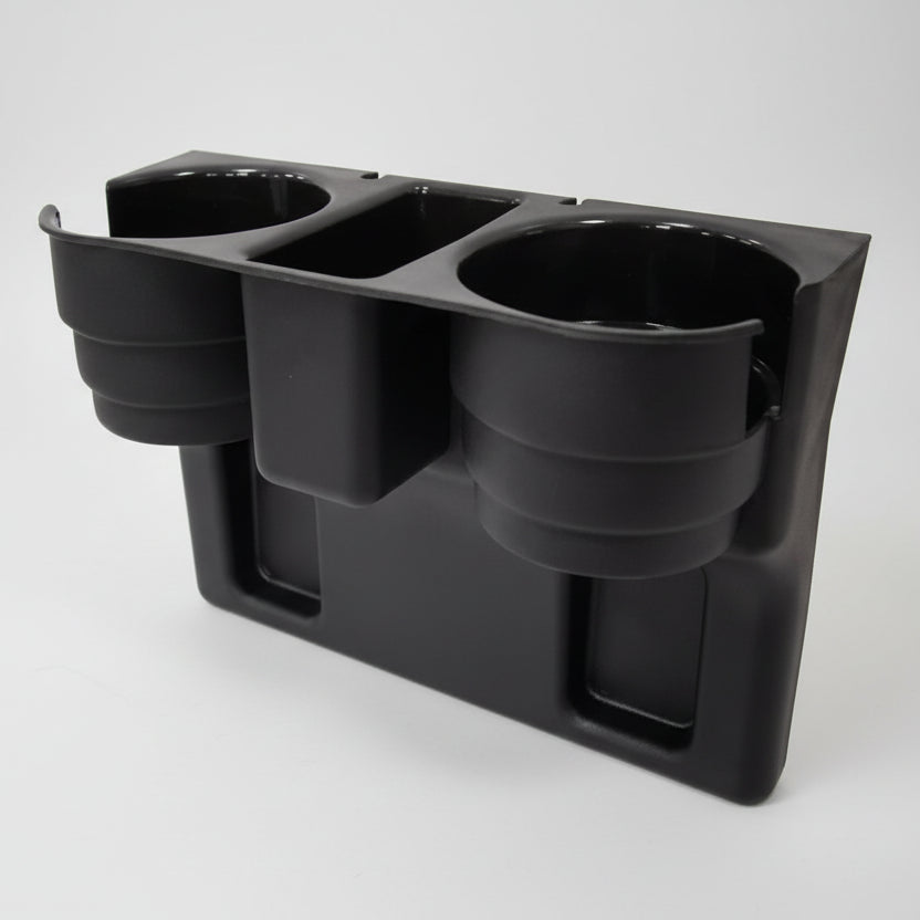 Black car cup holder with three compartments on a white background
