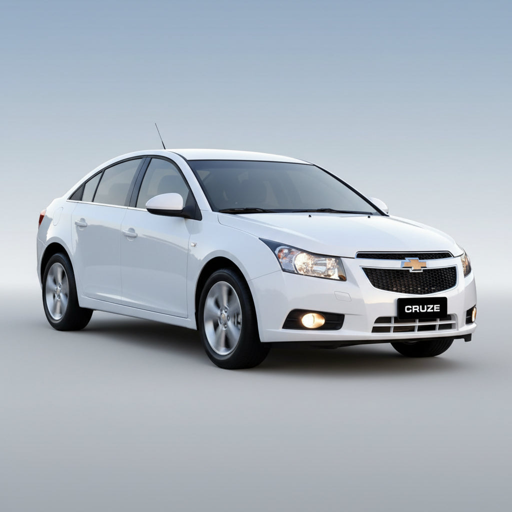 White Chevrolet Cruze car on a road with a scenic background