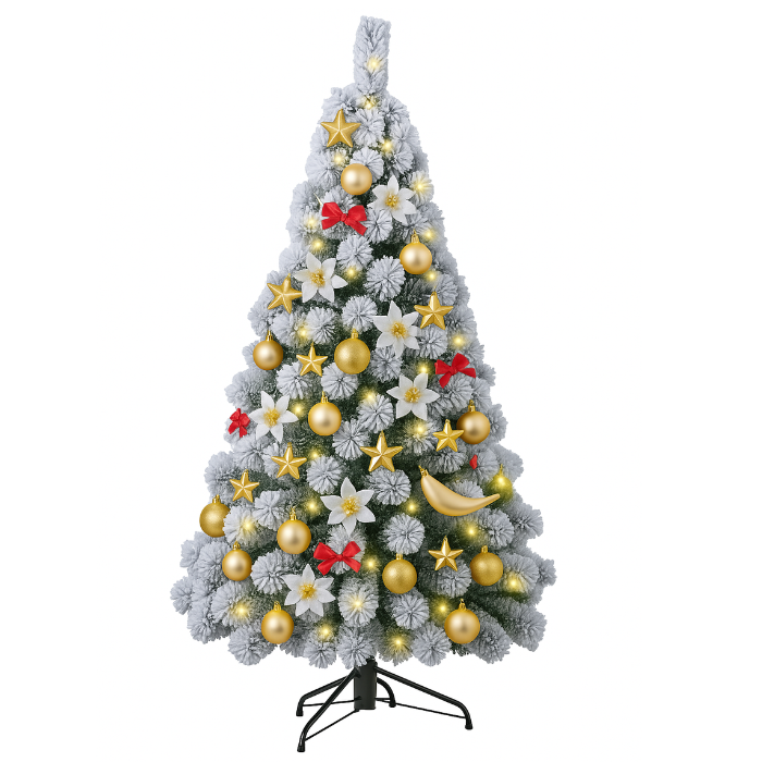 Decorated Christmas tree with gold ornaments, red bows, and white flowers on a white background