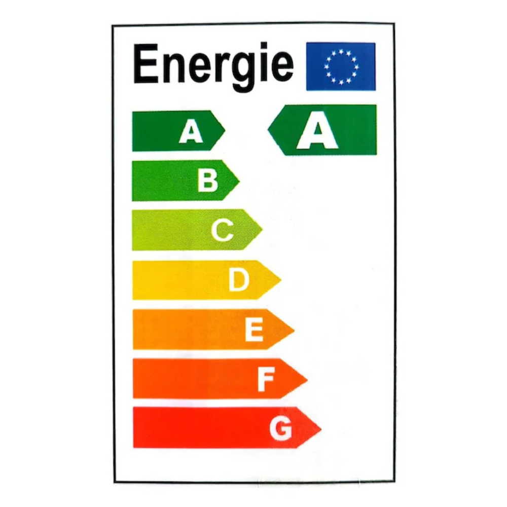 Energy efficiency label with A to G rating scale on a white background