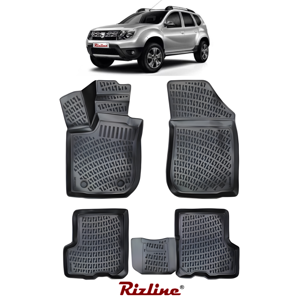 Covorase auto negre tip tavita  3D  pentru Dacia Duster 4x2 (2009–2017) – Set fata + spate
