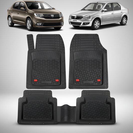 Set of black car floor mats with two Logan cars displayed above on a white background