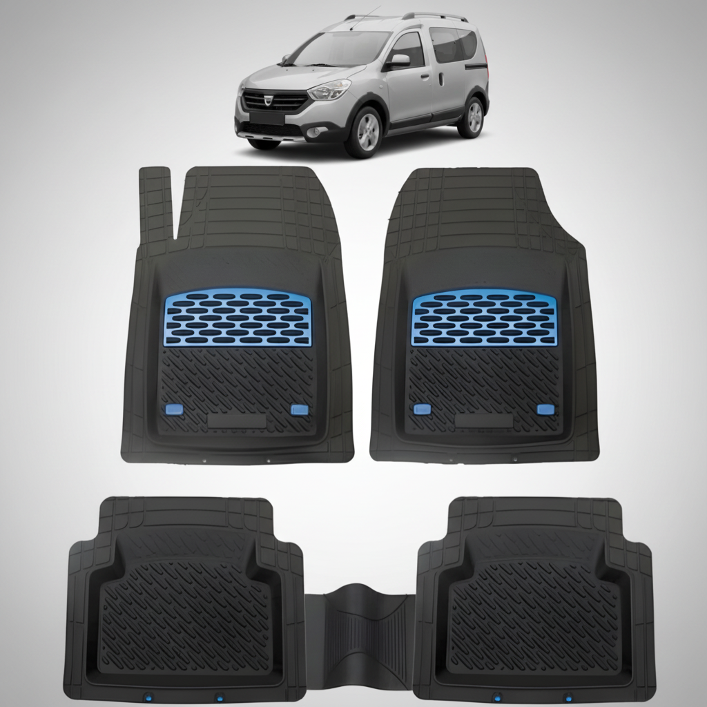 Set of black car floor mats with blue accents on a white background, featuring a car model above.