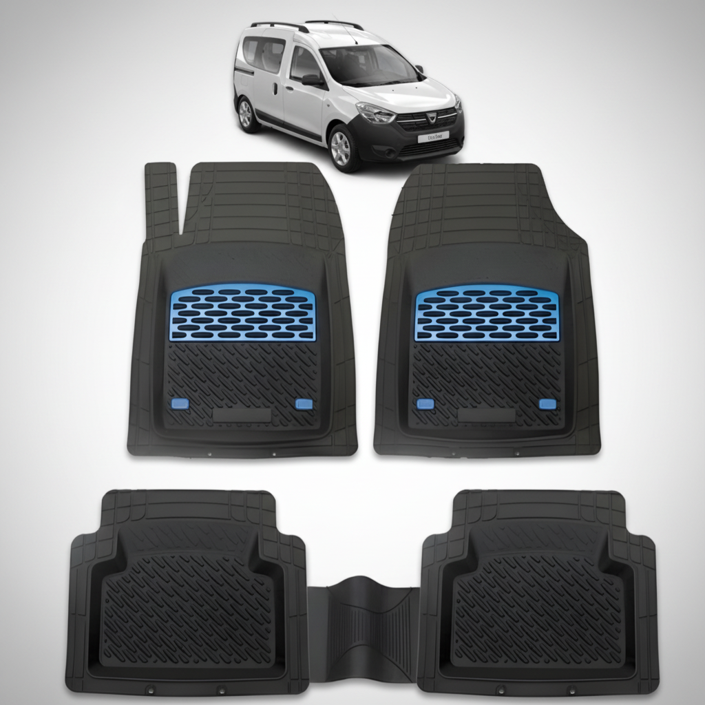 Set of black car floor mats with blue accents on a white background, with a white van in the top corner.