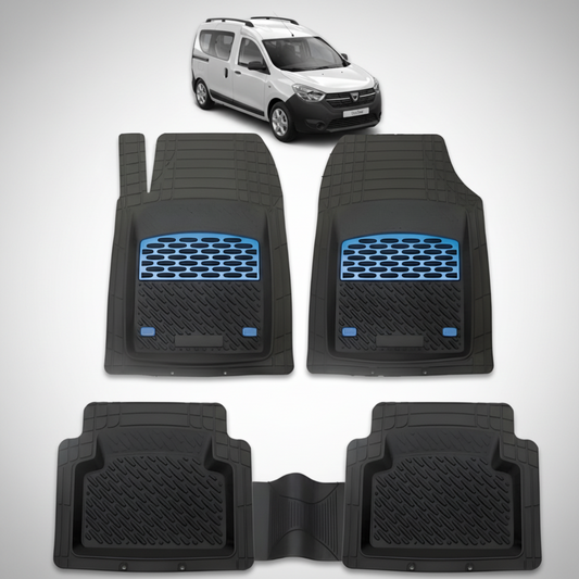 Set of black car floor mats with blue accents on a white background, with a white van in the top corner.