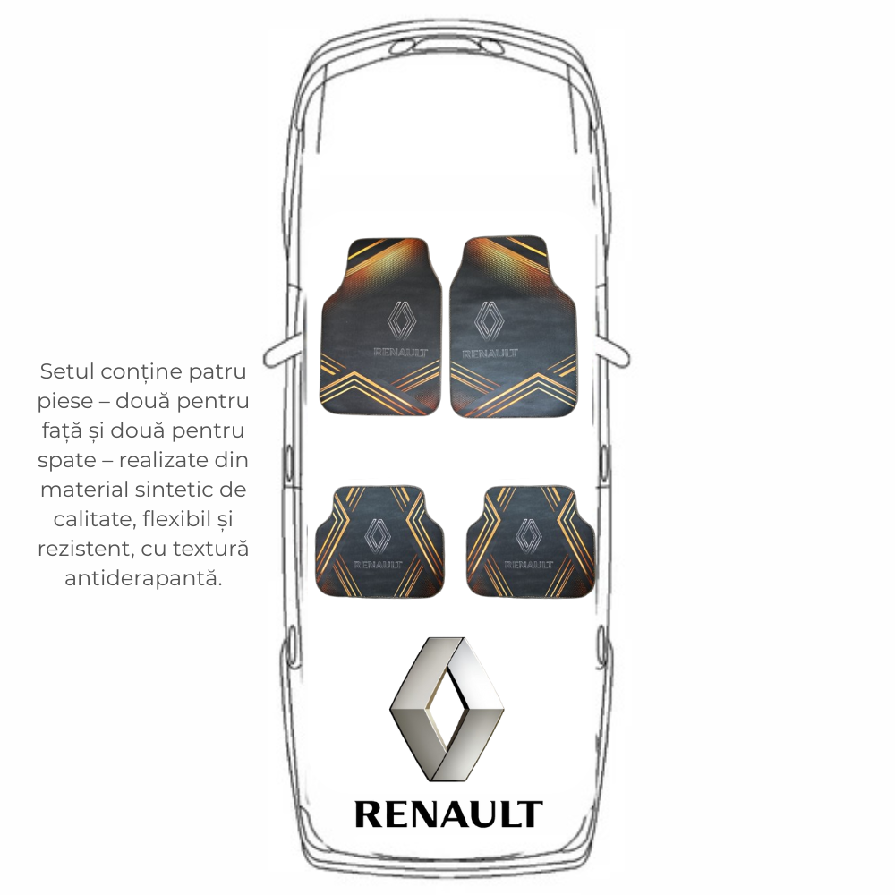 Set complet covorase auto universale Renault – Fata si spate – Design negru-portocaliu cu logo
