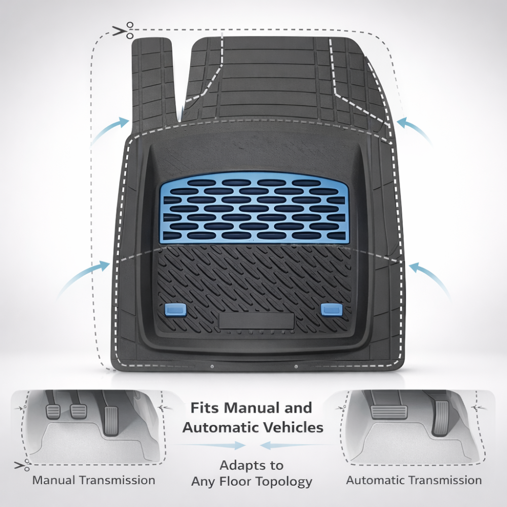 Covoraș auto cu text care indică compatibilitatea cu vehiculele manuale și automate