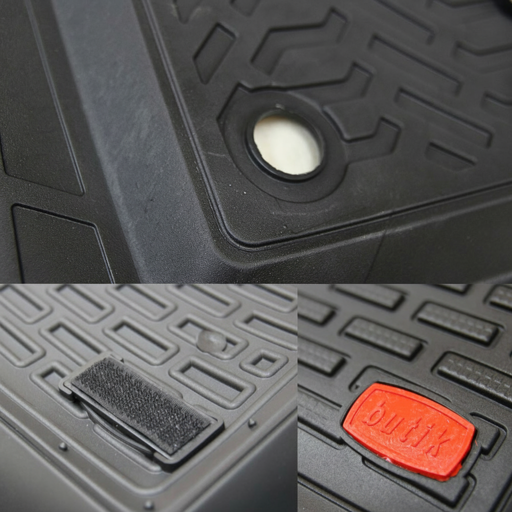 Collage of a black textured mat with a central circular feature and a red 'BUTIK' label.