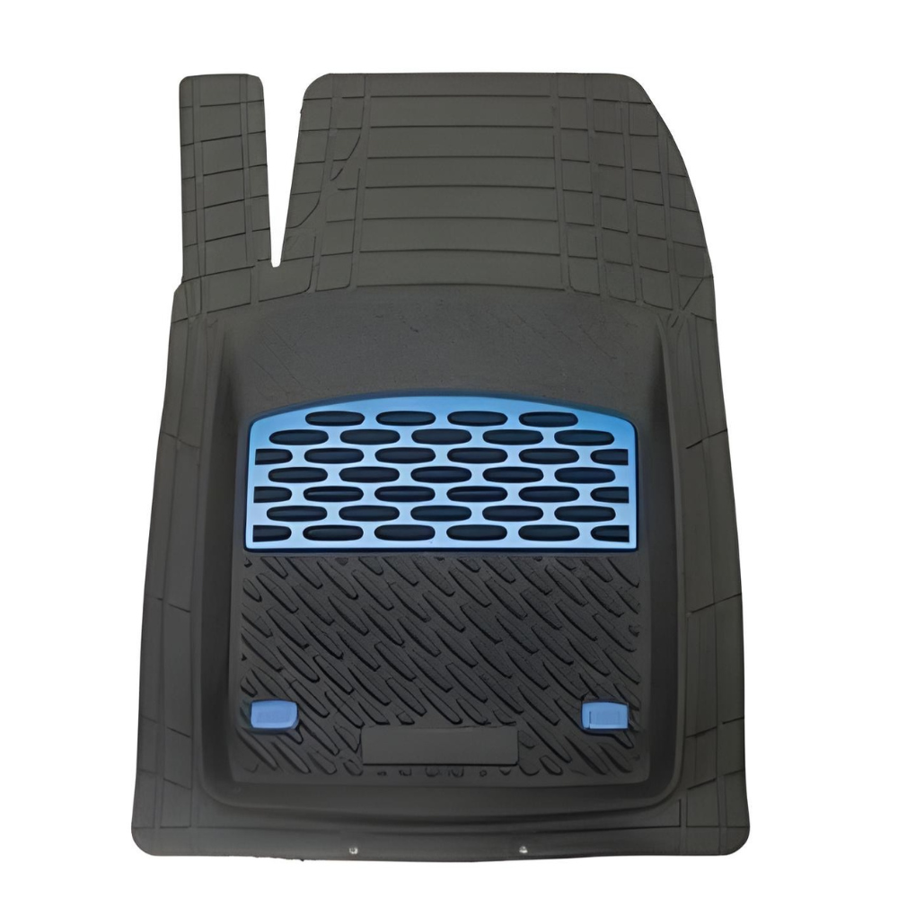 Black car floor mat with blue accents on a white background