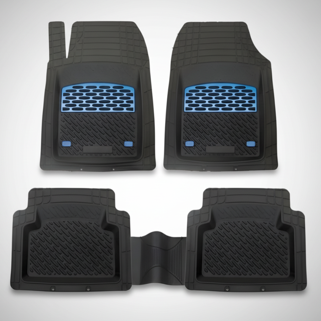 Set of four black car floor mats with blue accents on a white background