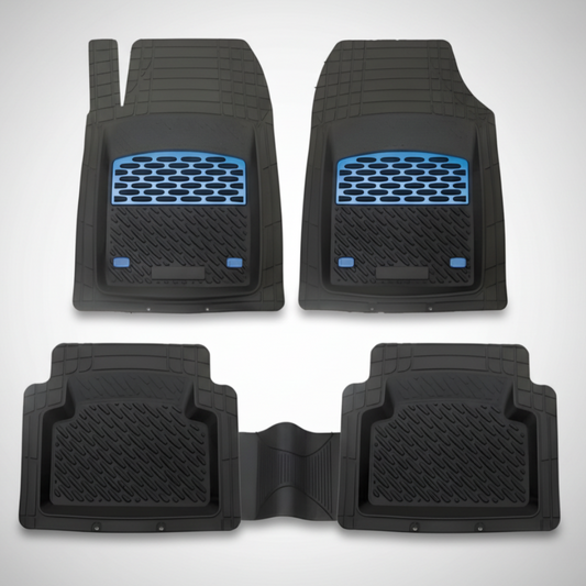 Set of four black car floor mats with blue accents on a white background