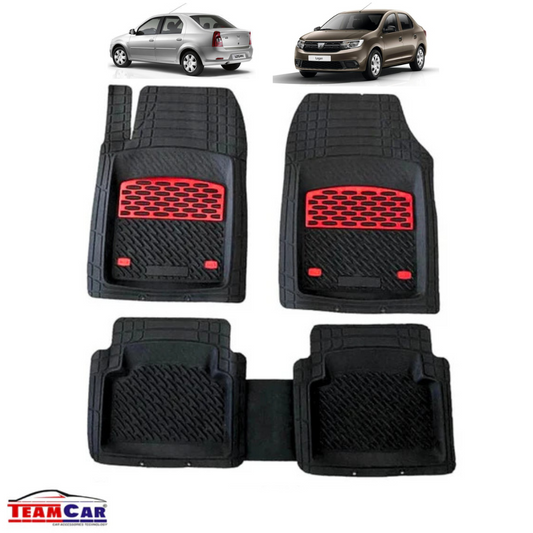 Set of black car floor mats with red accents on a white background, featuring images of two cars at the top.
