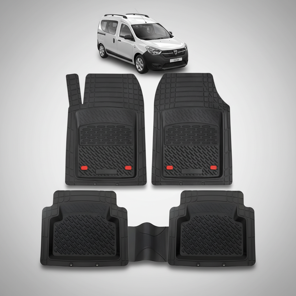 Set of black car floor mats with a white van in the corner.