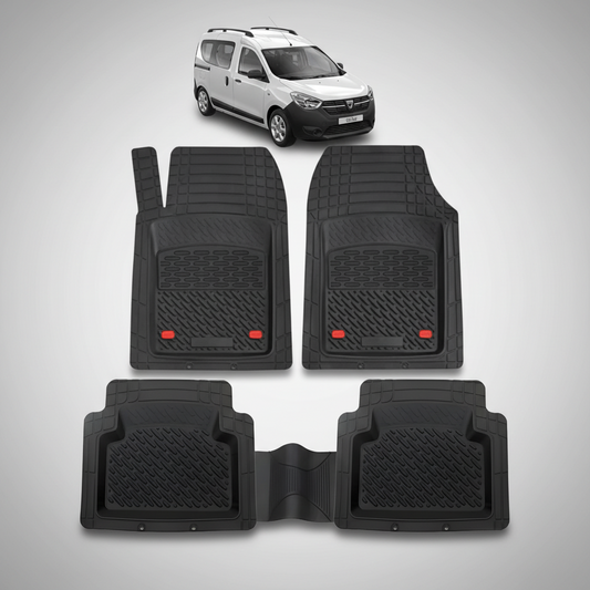 Set of black car floor mats with a white van in the corner.