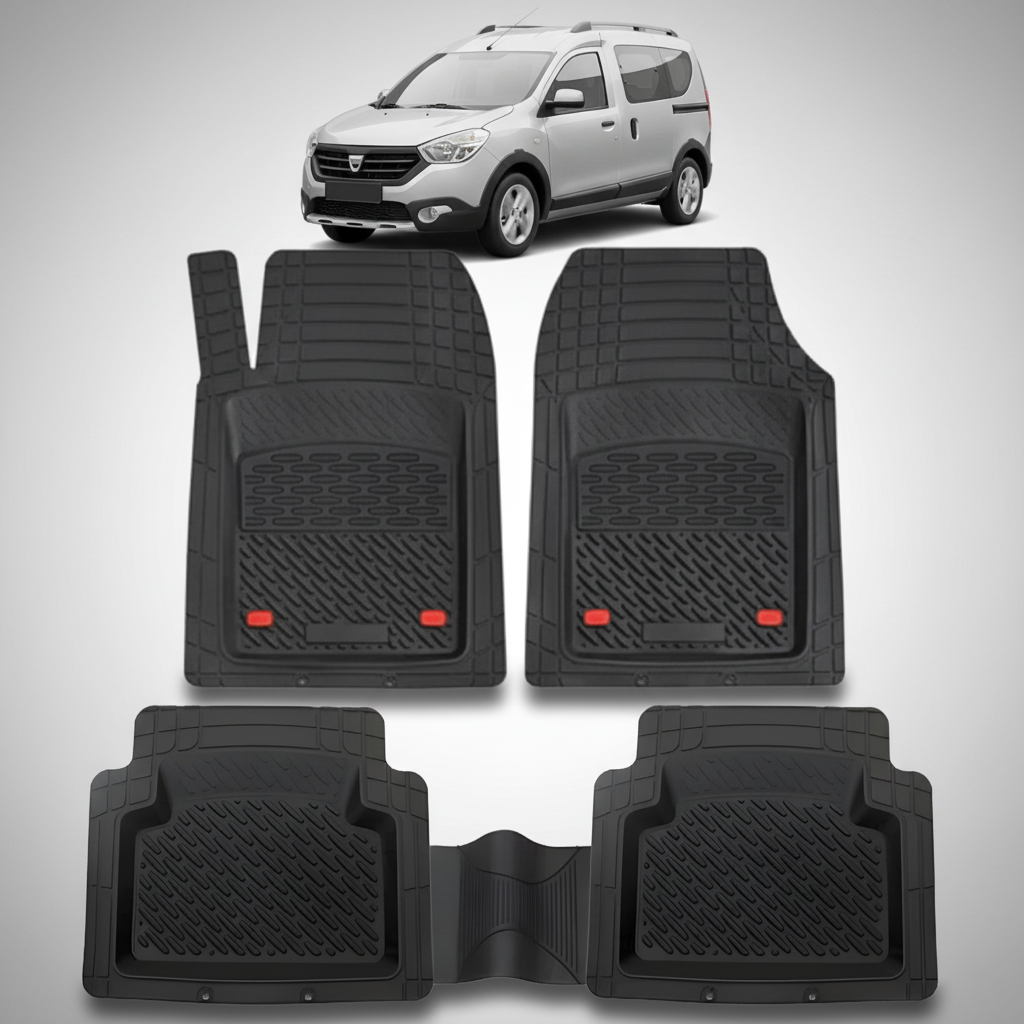 Set of black car floor mats with a small image of a silver car at the top.