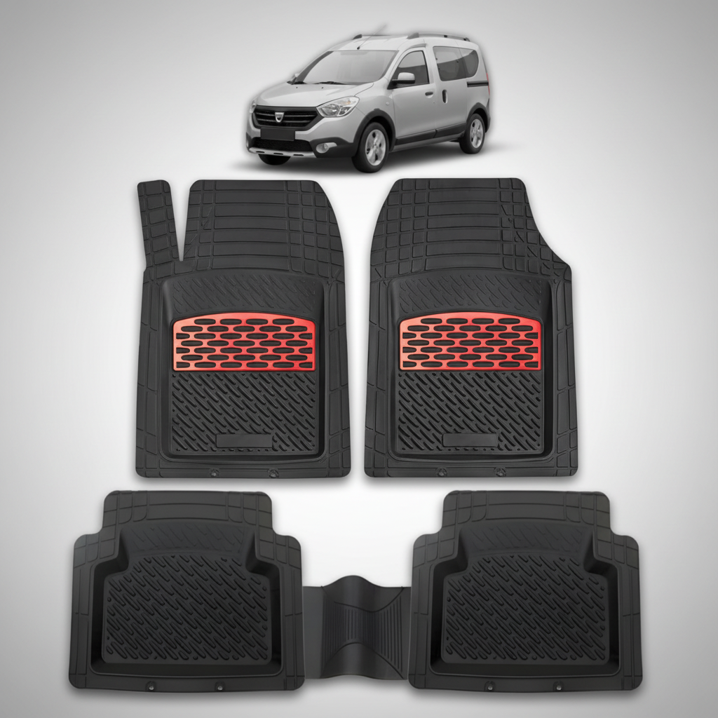 Set of black car floor mats with red accents on a white background, featuring a small car image at the top.