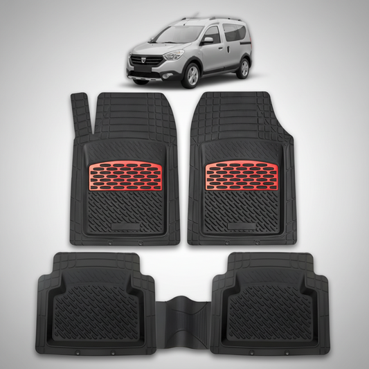 Set of black car floor mats with red accents on a white background, featuring a small car image at the top.