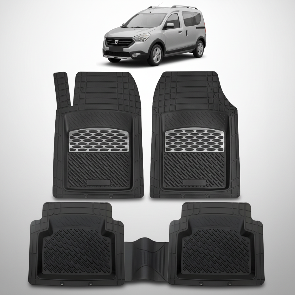 Set of black car floor mats with a small image of a silver car at the top.