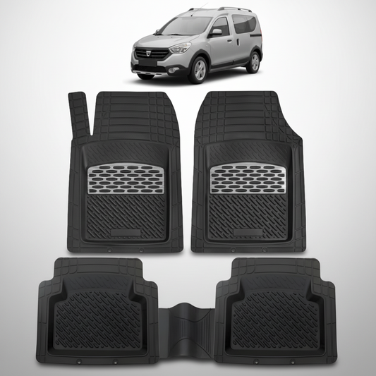 Set of black car floor mats with a small image of a silver car at the top.