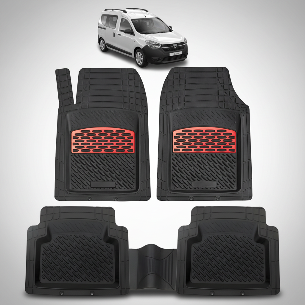Set of black car floor mats with red accents on a white background, featuring a small inset image of a white van.