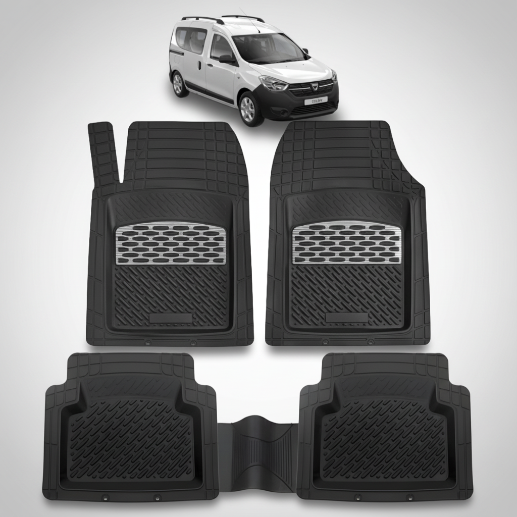 Set of black car floor mats with a white van in the background