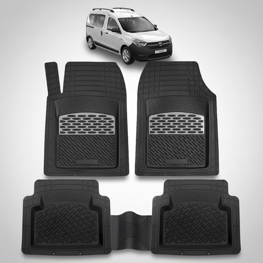Set of black car floor mats with a white van in the background