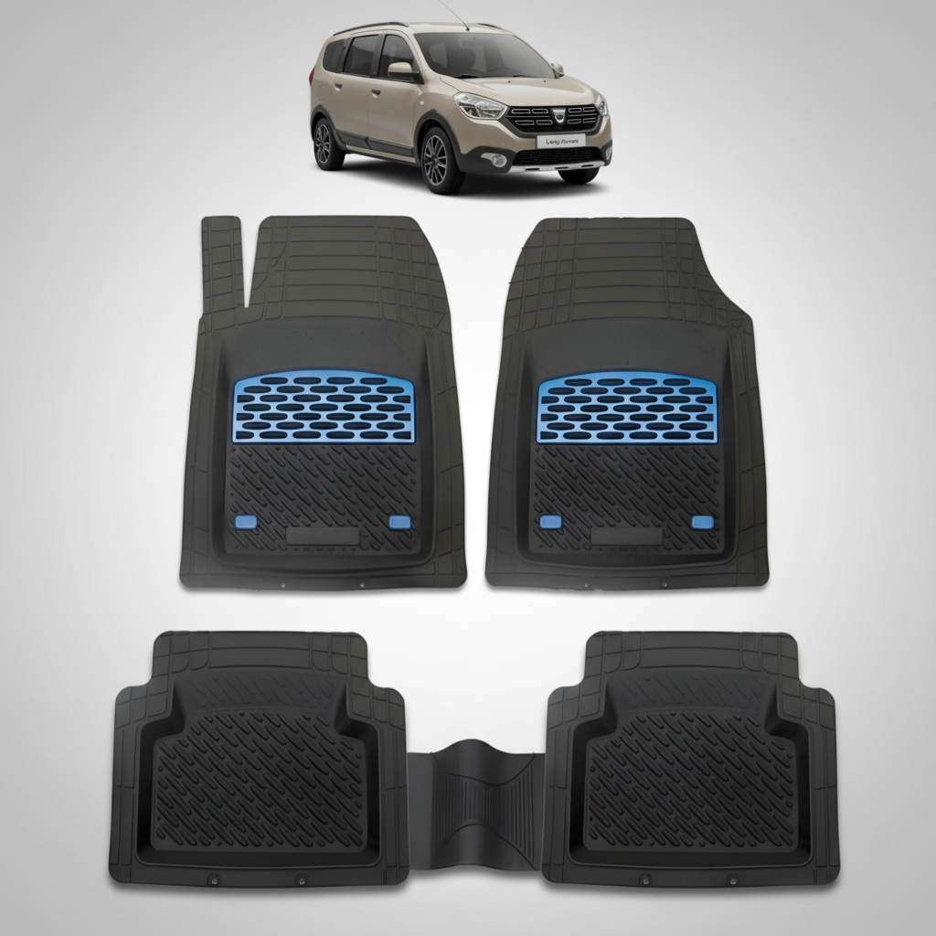 Set of black car floor mats with blue accents on a white background, featuring a car in the top corner.