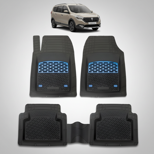Set of black car floor mats with blue accents on a white background, featuring a car in the top corner.